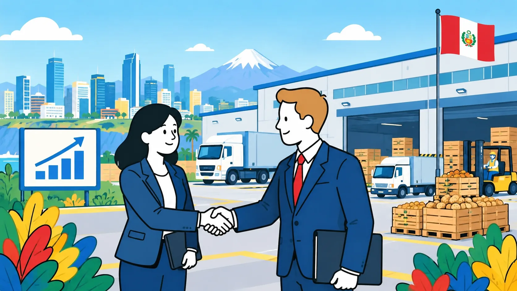 Business handshake at a distribution center in Peru, with the Peruvian flag and export growth